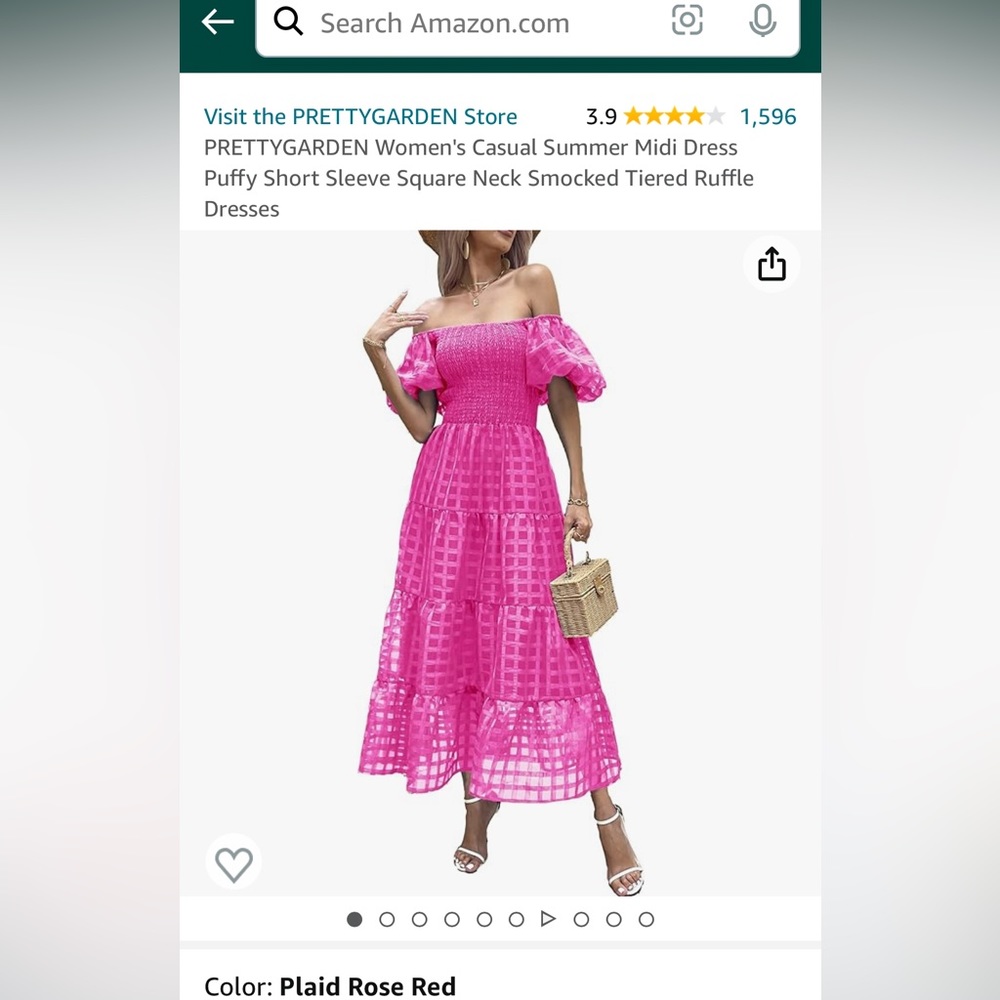 Hot pink Midi Dress Puffy Short Sleeve Square Neck Smocked Tiered Ruffle